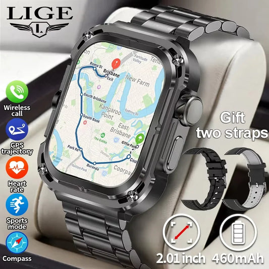 Montre intelligente de sport GPS militaire pour hommes, boussole de lampe de poche, étanche, surveillance de la santé, appel Bluetooth, extérieur, nouveau, 2025